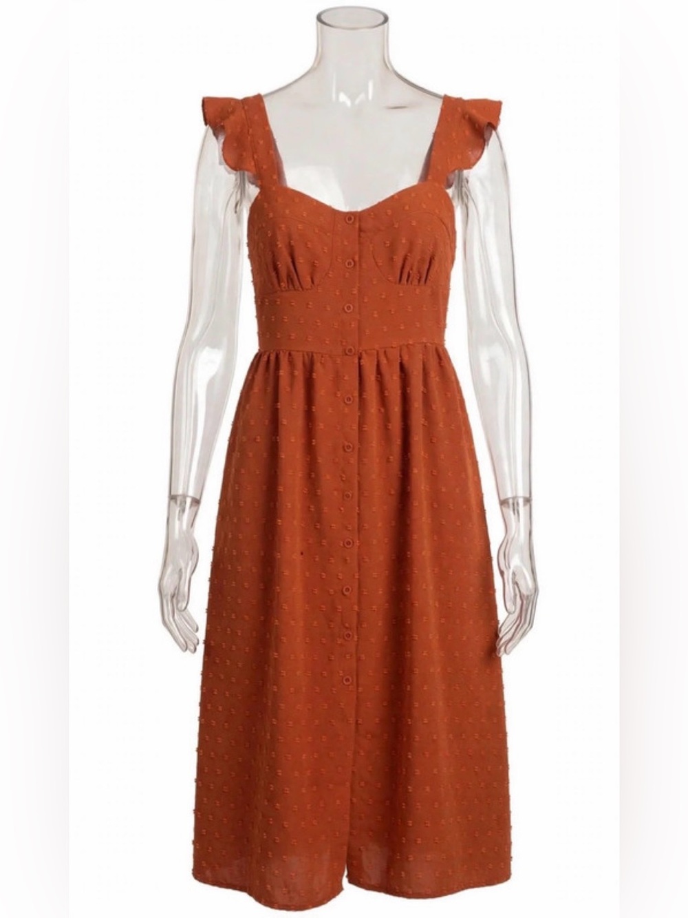 SHEIN Rust Orange Button-Front Midi Dress with Ruffle Straps